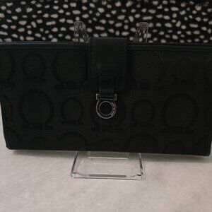 Ferragamo Black Gancini Canvas Long Wallet